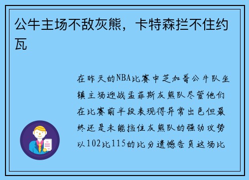 公牛主场不敌灰熊，卡特森拦不住约瓦
